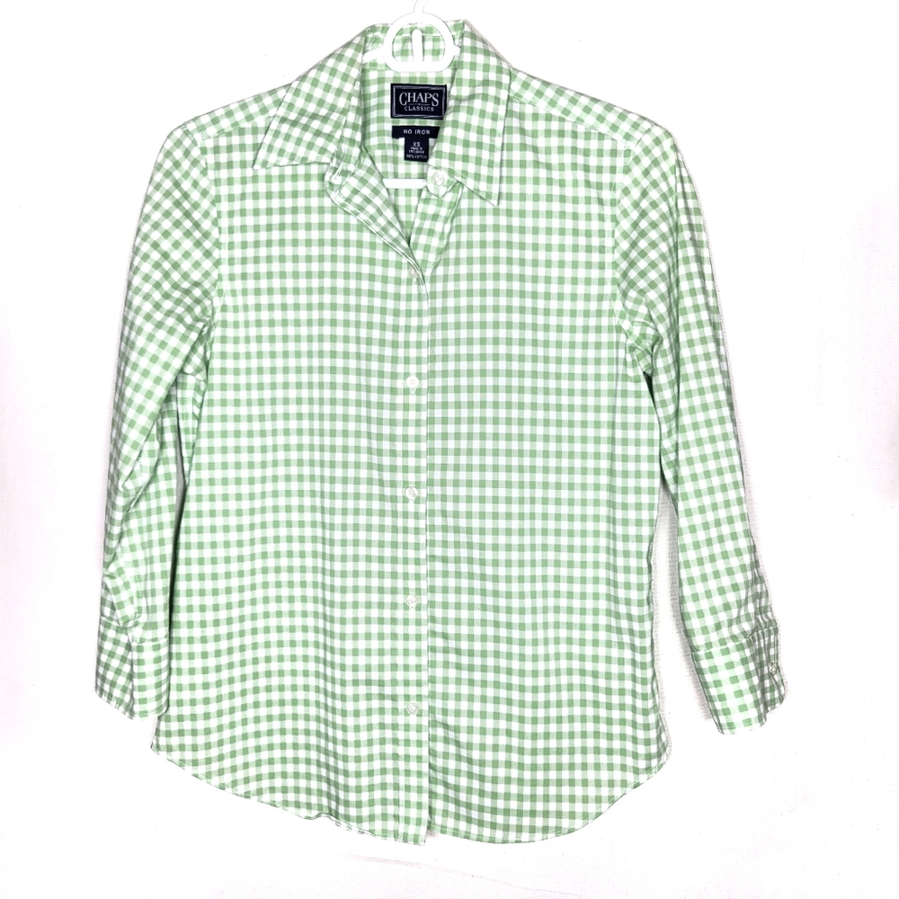 Chaps like new green white check longsleeve button down shirt size XS no iron